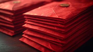 ai gerado fechar-se fotografias do vermelho envelopes preenchidas com dinheiro foto