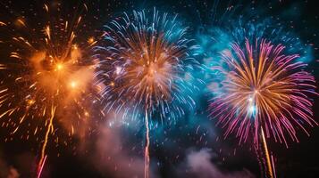 ai gerado tirar o fôlego imagens do colorida fogos de artifício iluminação acima a céu Como uma grande final para holi celebrações foto