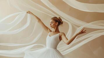 ai gerado uma ginasta dentro uma branco vestir danças contra uma minimalista cor de creme fundo com uma creme fita foto