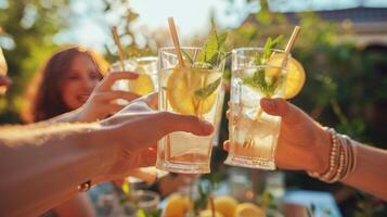 ai gerado uma grupo do amigos tilintar óculos preenchidas com limonada durante uma ensolarado quintal encontro foto