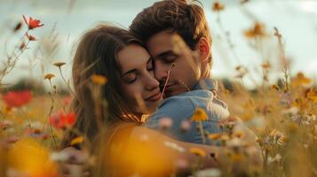 ai gerado dois amantes, olhos bloqueado, partilha a íntimo abraço em meio a uma campo do flores silvestres foto
