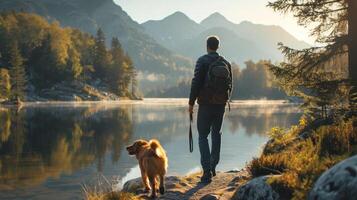 ai gerado uma homem e dele cachorro explorando uma tranquilo beira do lago trilha foto