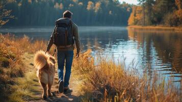 ai gerado uma homem e dele cachorro explorando uma tranquilo beira do lago trilha foto