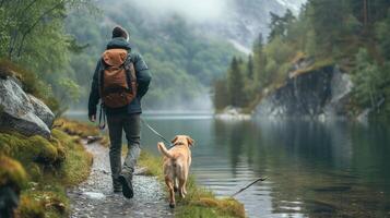 ai gerado uma homem e dele cachorro explorando uma tranquilo beira do lago trilha foto