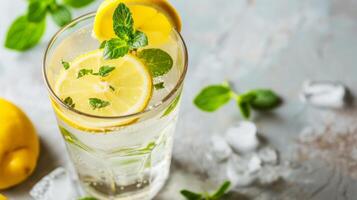 ai gerado uma refrescante vidro do limonada enfeitado com uma fatia do limão e raminhos do fresco hortelã foto
