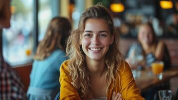 ai gerado tendência indivíduos dentro cidade, conectando através seus sorrisos com a Câmera foto