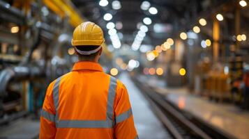 ai gerado costas Visão do uma trabalhador dentro Alto visibilidade roupas inspecionando operações dentro a industrial plantar foto