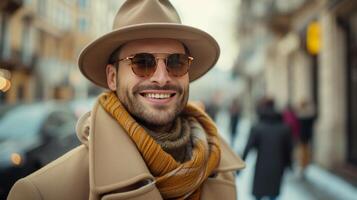 ai gerado elegante homens em urbano ruas, com confiança sorridente para dentro a Câmera foto