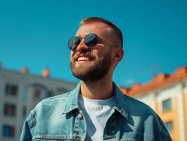 ai gerado feliz homem dentro oculos de sol foto