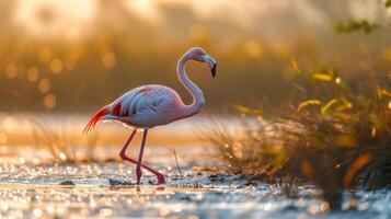 ai gerado uma solitário flamingo carrinhos alta no meio uma sereno, Beijado pelo sol, ensolarado pantanal foto