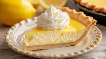 ai gerado uma fatia do limonada torta, uma doce e picante sobremesa coberto com açoitado creme, servido em uma vintage prato foto