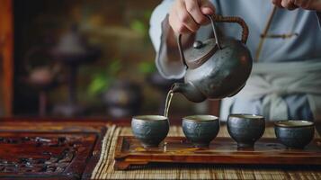 ai gerado uma chá mestre derramando chá a partir de uma alta cerâmico chaleira para dentro pequeno copos durante uma chinês chá cerimônia foto