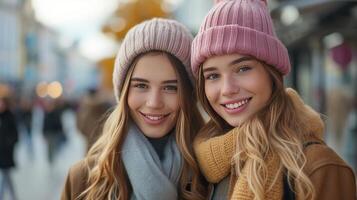 ai gerado modish jovem mulheres dentro a cidade, exibindo seus estilo com genuíno sorrisos foto