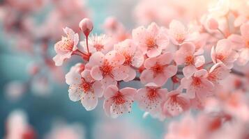 ai gerado delicado cereja flores dentro cheio flor conjunto contra uma suave pastel pano de fundo incorporar a beleza do Primavera foto