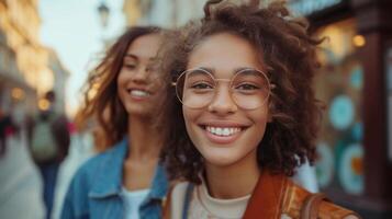 ai gerado na moda meninas graça cidade ruas, seus sorrisos adicionando fascinar para metropolitano configurações foto