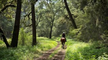 ai gerado uma cavaleiro goza uma sereno trilha passeio no meio exuberante, arborizado arredores foto