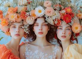 ai gerado três mulheres dentro vestidos com flor quadros em seus face foto
