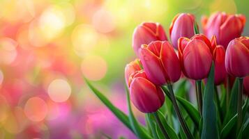 ai gerado negrito e colorida tulipa brotos contra uma brilhante, com tema de primavera fundo exalar energia e renovação foto