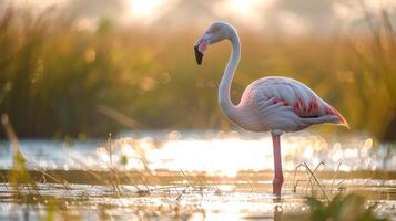 ai gerado uma solitário flamingo carrinhos alta no meio uma sereno, Beijado pelo sol, ensolarado pantanal foto