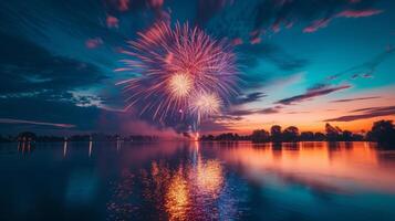 ai gerado quarto do Julho fogos de artifício exibição sobre lago foto