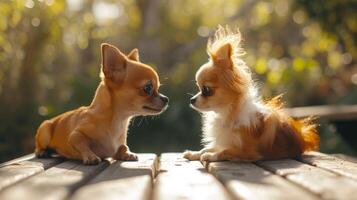 ai gerado brincalhão chihuahua e papillon cachorros em de madeira área coberta foto