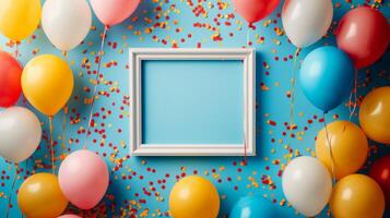 ai gerado vibrante aniversário celebração configuração com balões e confete foto