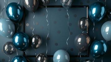 ai gerado elegante festa cena com azul balões e quadro, Armação foto