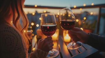 ai gerado casal brindar vinho às pôr do sol sacada foto