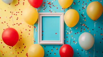 ai gerado vibrante aniversário celebração configuração com balões e confete foto