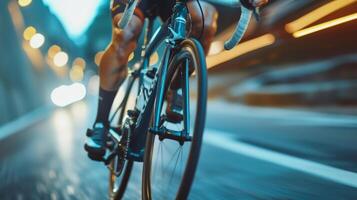 ai gerado focado ciclista Treinamento em estacionário bicicleta foto