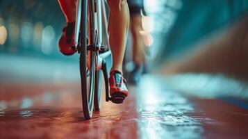 ai gerado focado ciclista Treinamento em estacionário bicicleta foto