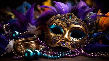 ai gerado intrincado veneziano máscaras e mardi gras miçangas em Sombrio fundo foto