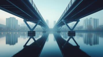 ai gerado a simetria do uma moderno da ponte aço feixes, alongamento através uma calma, urbano rio foto