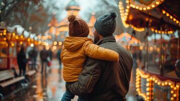 ai gerado Papai e dele filho ir para a parque atração foto