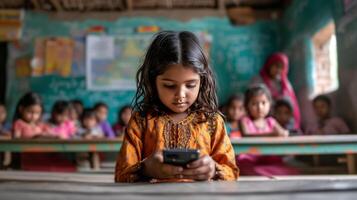 ai gerado uma 12 anos menina senta e tocam em dela telefone durante aula. dentro a fundo foto