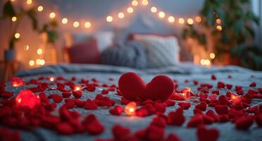 ai gerado vermelho corações estão mostrando em a intrincadamente decorado cama com decorações foto