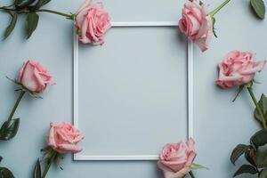 ai gerado Rosa rosas em uma branco quadro, Armação foto