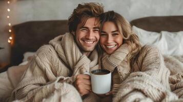 ai gerado jovem e feliz casal dentro pijamas bebendo café dentro cama foto