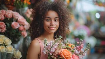 ai gerado encaracolado menina florista coleta uma lindo ramalhete para a noiva dentro uma flor fazer compras em uma francês rua foto