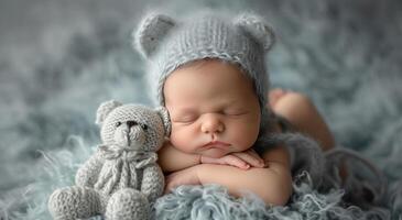 ai gerado recém-nascido bebê Garoto dormindo dentro cobertor com ursos foto