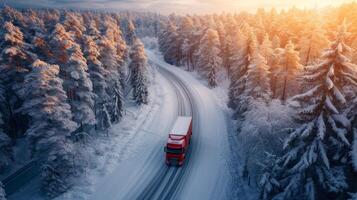 ai gerado uma ampla vermelho solitário caminhão drives ao longo a estrada através a sem fim inverno floresta foto