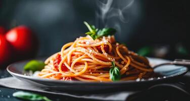 ai gerado alguns espaguete em uma prato em uma Sombrio fundo foto