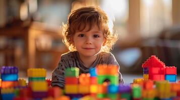 ai gerado uma criança de três anos Garoto construído uma casa a partir de multicolorido cubos foto