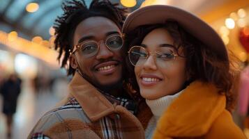 ai gerado uma mulher e dela namorado estão todos sorrisos Como elas apreciar uma dia do compras juntos às a Shopping foto