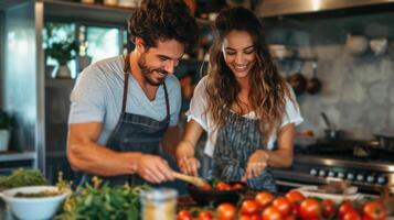 ai gerado alegre par cozinhando junto, girando todo dia tarefas para dentro compartilhado momentos do deleite foto