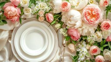 ai gerado a elegante mesa configuração adornado com fresco rosas e peônias foto