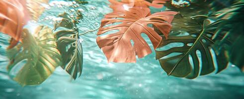 ai gerado uma grupo do colorida tropical folhas debaixo uma branco água superfície foto