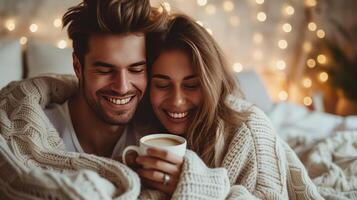 ai gerado jovem e feliz casal dentro pijamas bebendo café dentro cama foto