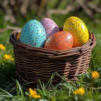 ai gerado colorida ovos dentro tecido cestas em Relva foto
