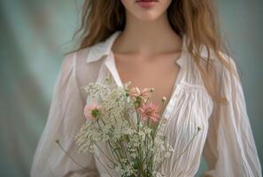 ai gerado flor ramalhete e Casamento vestido foto